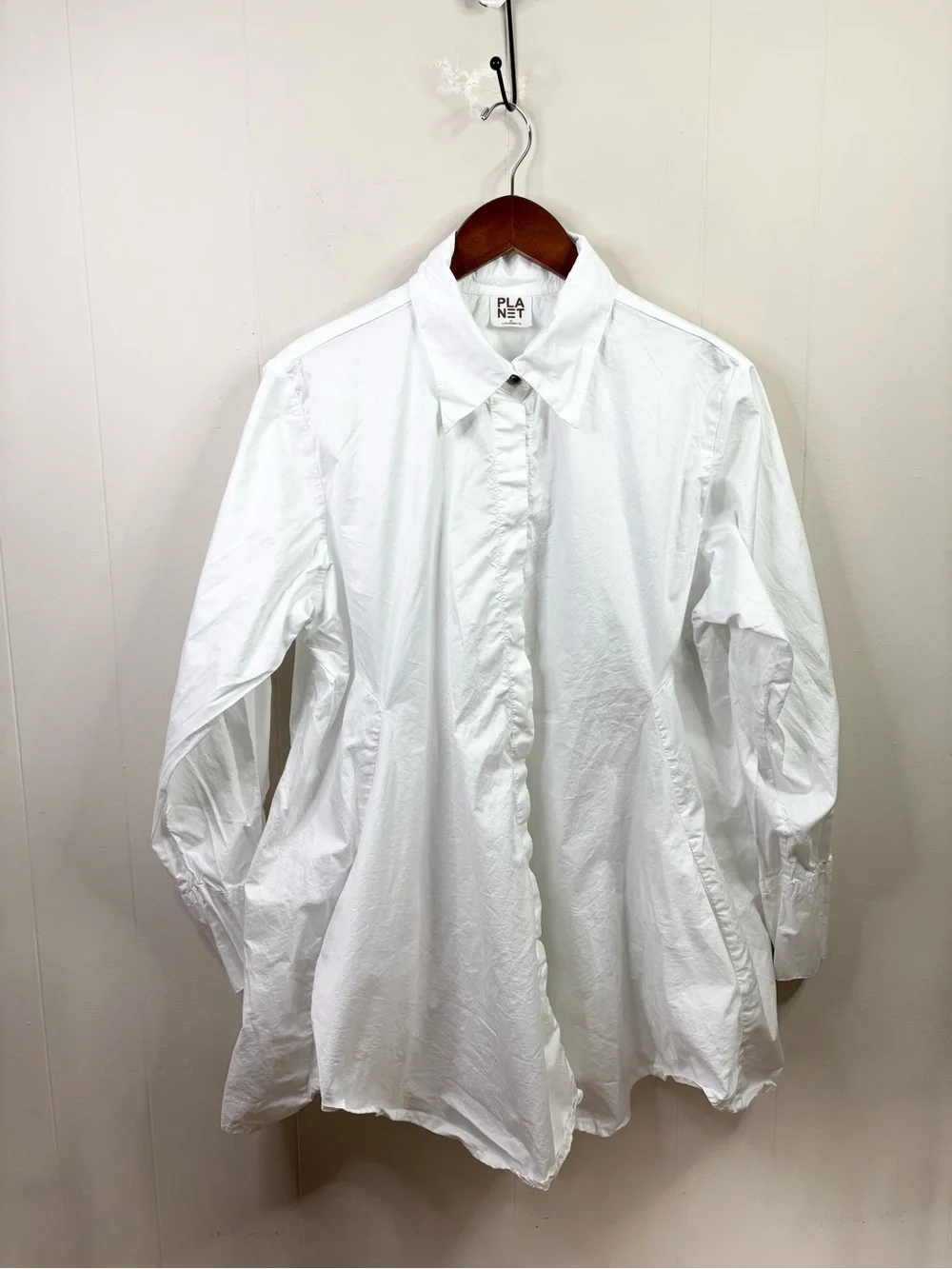 PLANET by Lauren G white long sleeve flow tunic pockets cotton poplin size L (2)